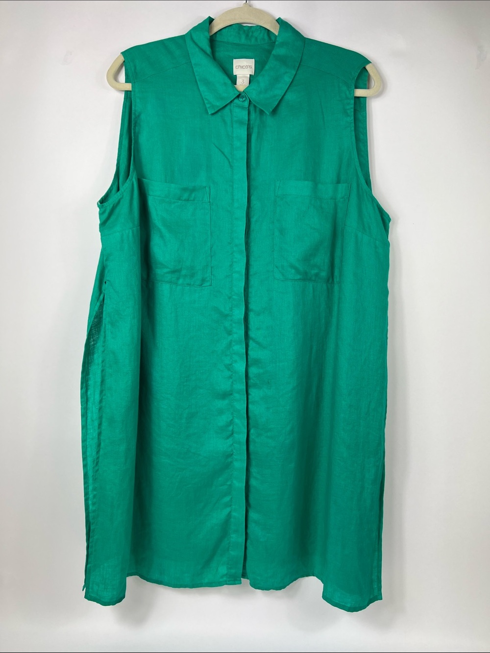 CHICO’S XL 3 Green 100% Linen Blend Maxi Longline Tunic Sleeveless Shirt Lined